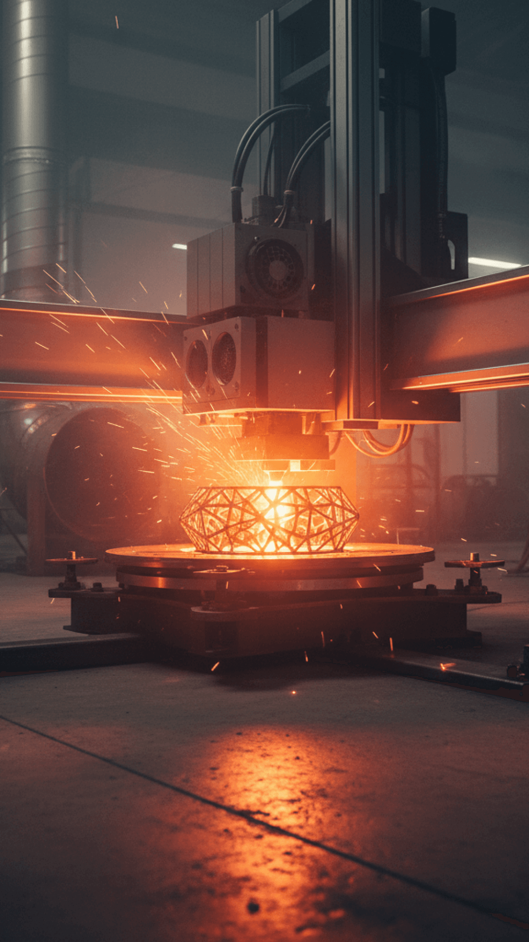 Impressora 3D industrial imprimindo uma peça com iluminação laranja em ambiente de produção